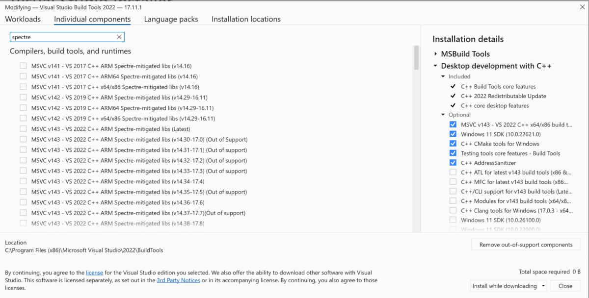 Visual Studio Build Tools 설치 화면