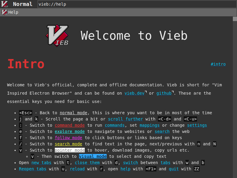 Vieb 환영 페이지