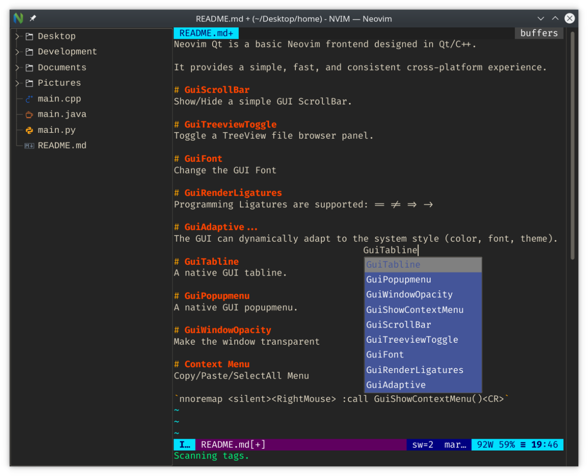 README.md 파일 편집 중인 Neovim-Qt 인터페이스