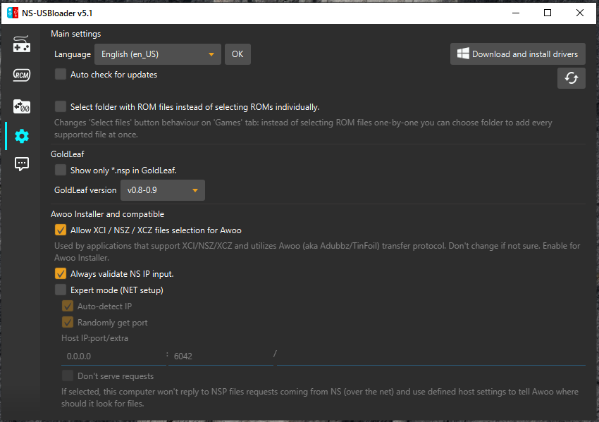 NS-USBloader v5.1 설정 화면