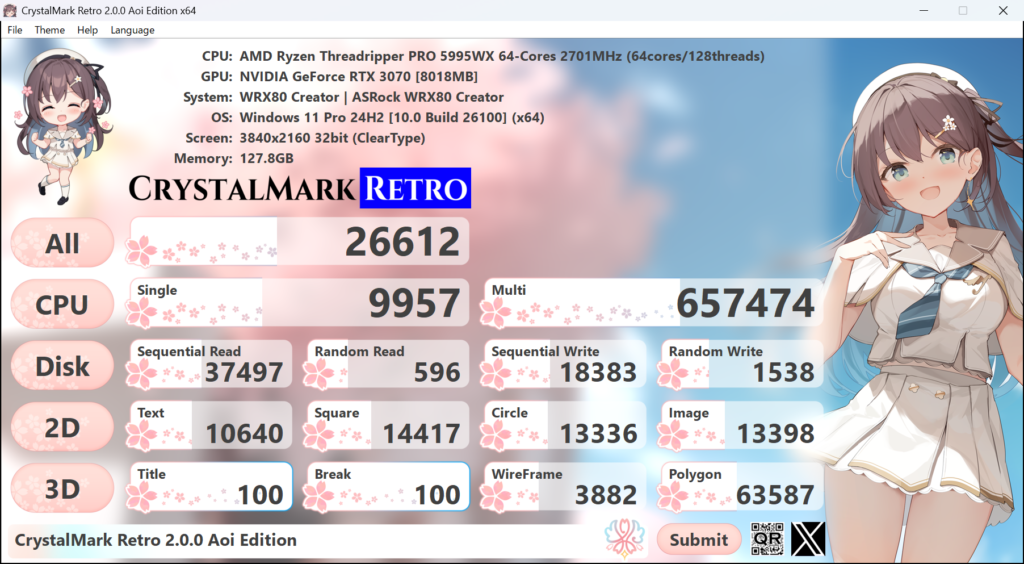 CrystalMark Retro 2.0.0 Aoi Edition 결과 화면
