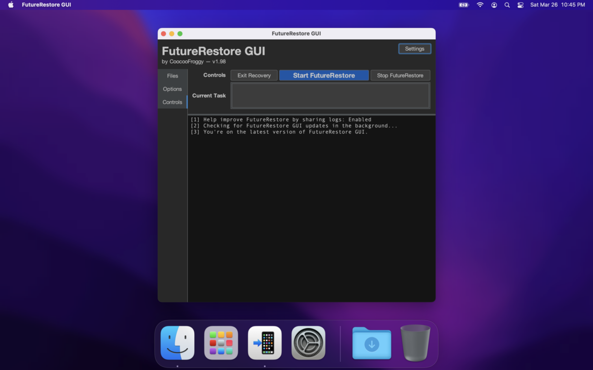 FutureRestore GUI 다크 모드 화면 (다시)