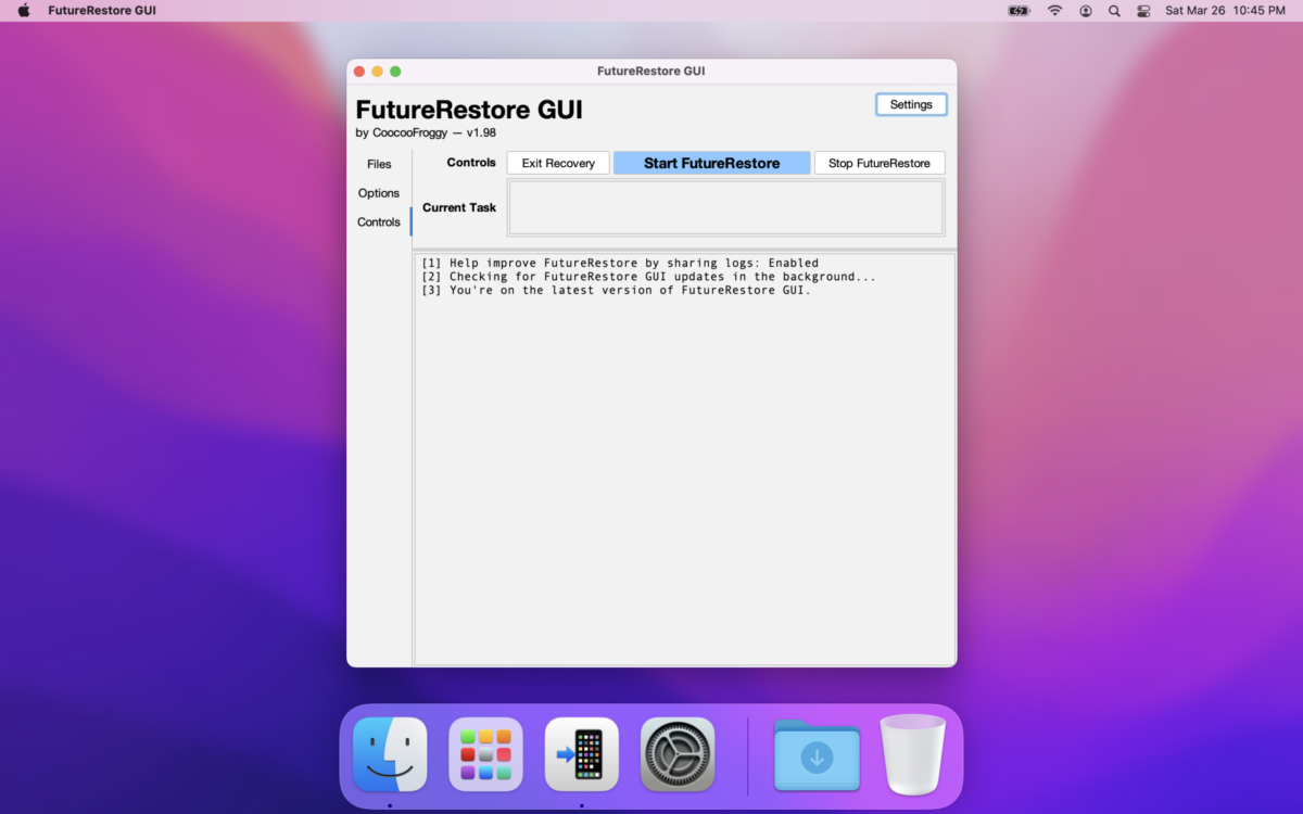 FutureRestore GUI 시작 화면 (다시 밝은 모드)