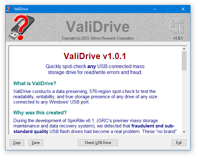 ValiDrive v1.0.1 시작 화면