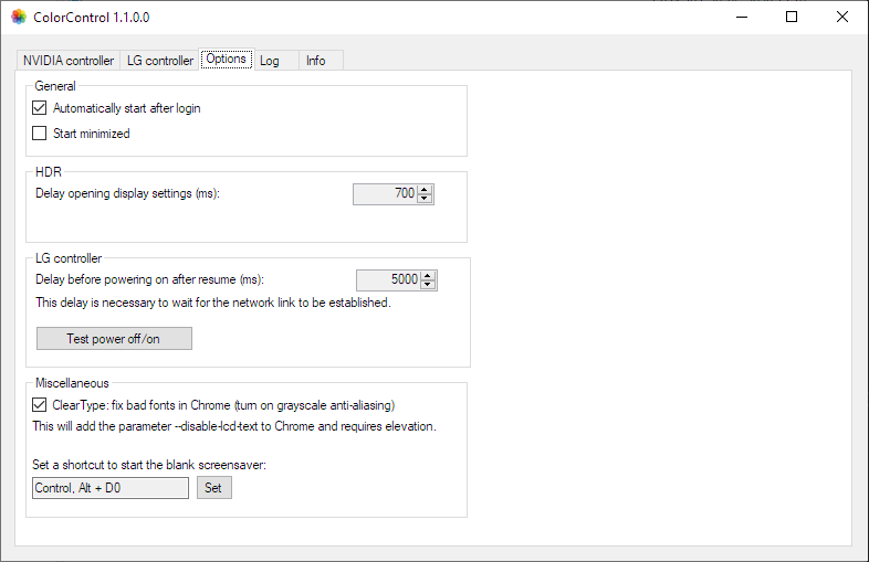 ColorControl 1.1.0.0 설정 화면