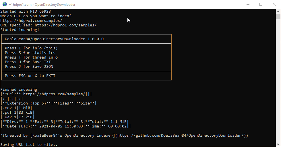 OpenDirectoryDownloader 실행 화면