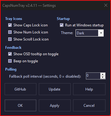 CapsNumTray 설정 화면