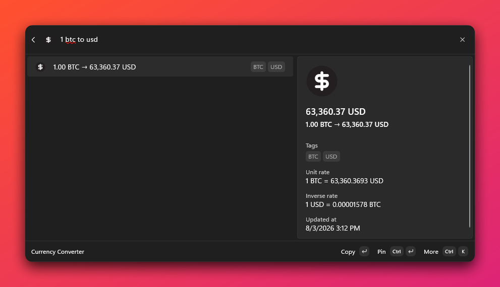 통화 변환 결과 화면 (BTC to USD)