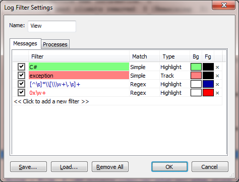 DebugView++ 로그 필터 설정 화면