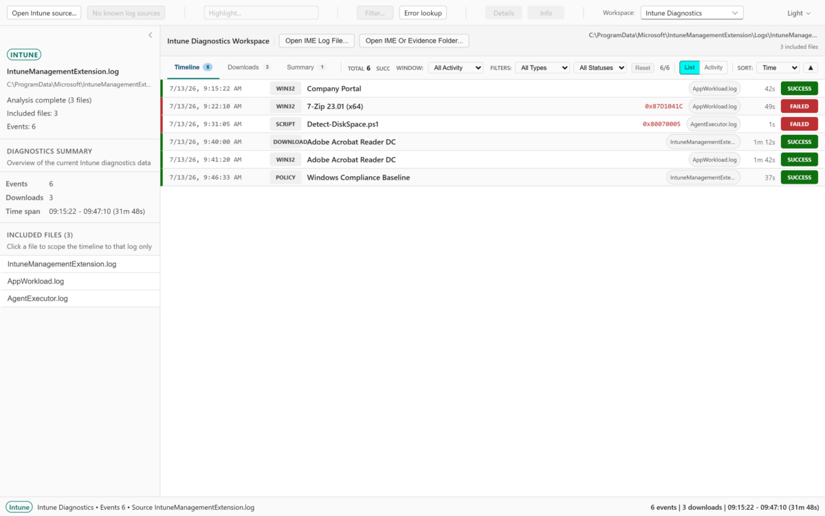 Intune Diagnostics 워크스페이스