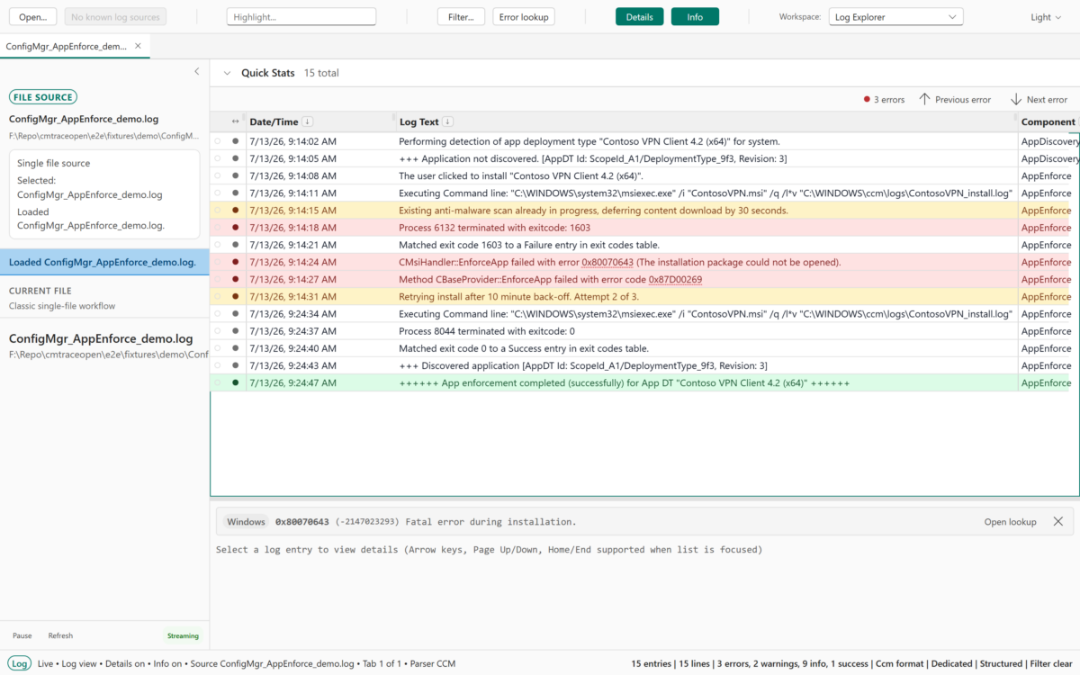 ConfigMgr_AppEnforce_demo.log 로그 분석 화면