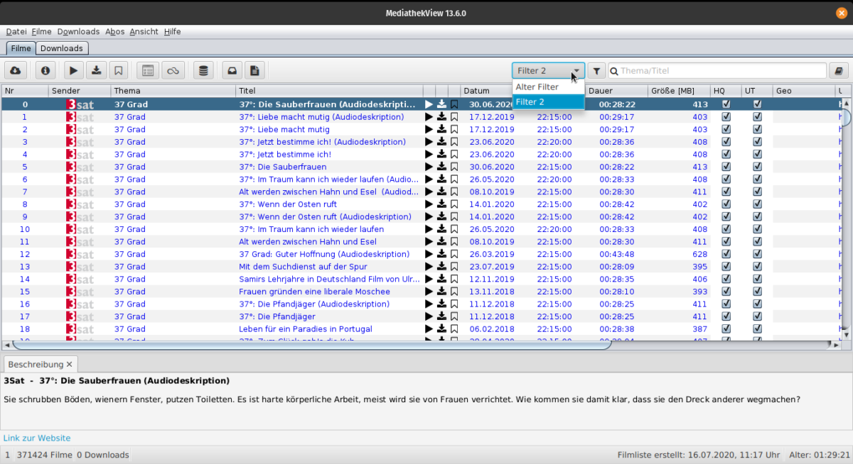 MediathekView 13.6.0 인터페이스