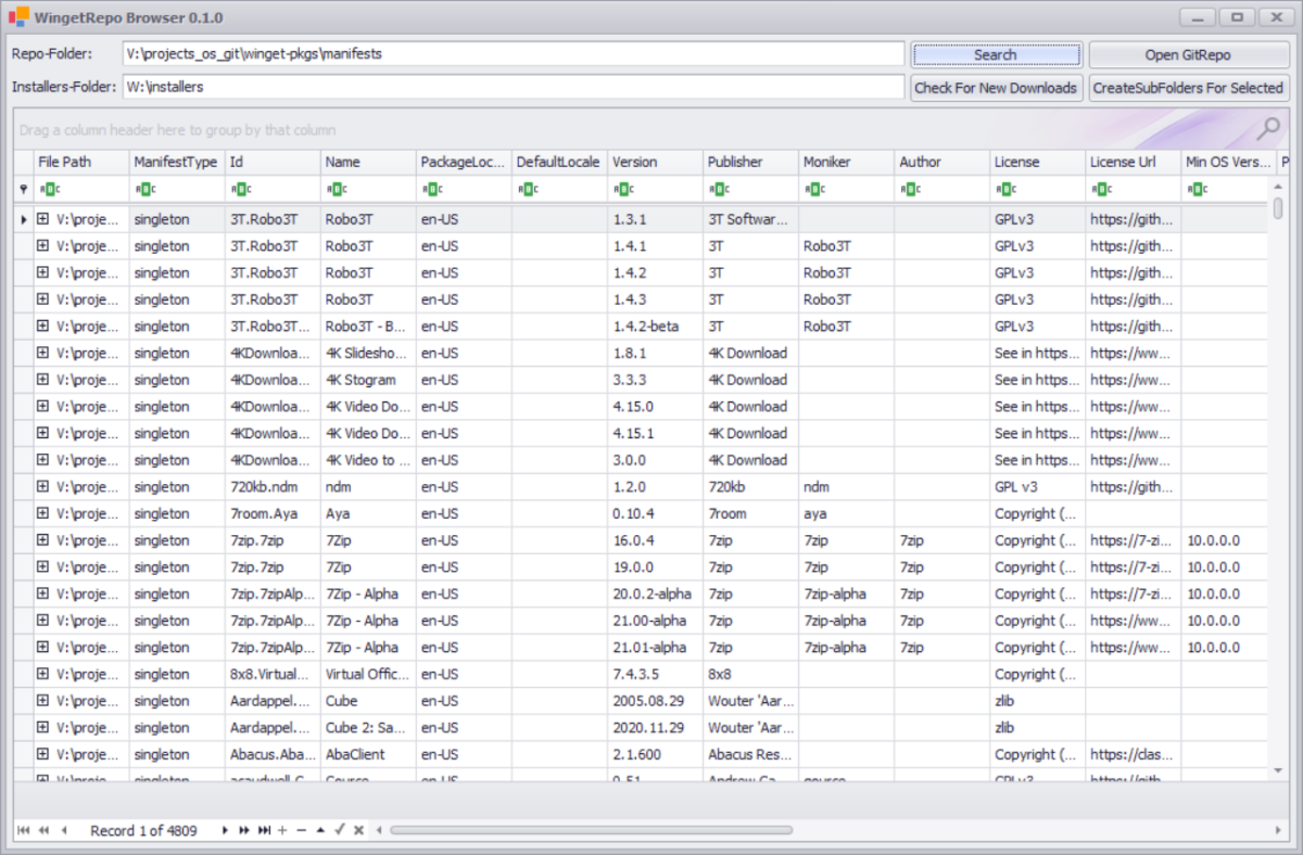 WingetRepoBrowser 0.1.0 화면