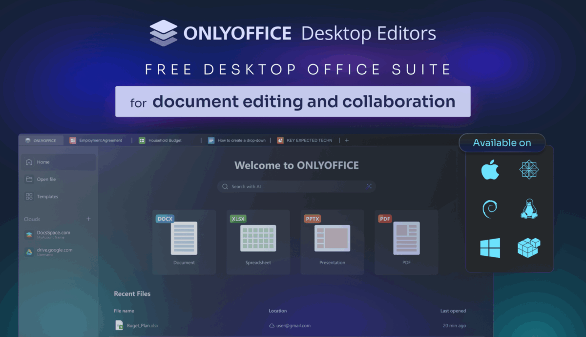 ONLYOFFICE 데스크톱 에디터 시작 화면