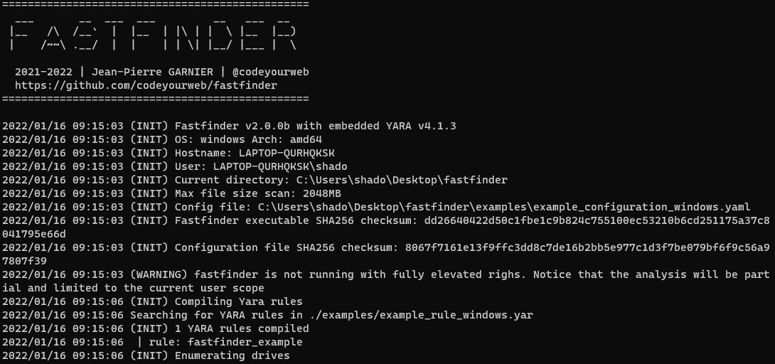 FastFinder 시작 로그 화면
