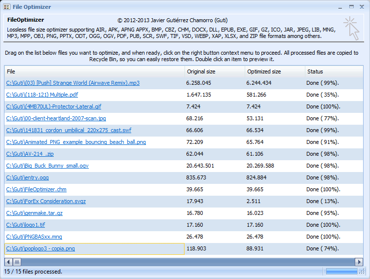 FileOptimizer 프로그램 창 (최대화 상태)