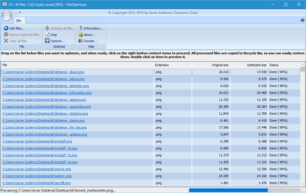 FileOptimizer 프로그램 창