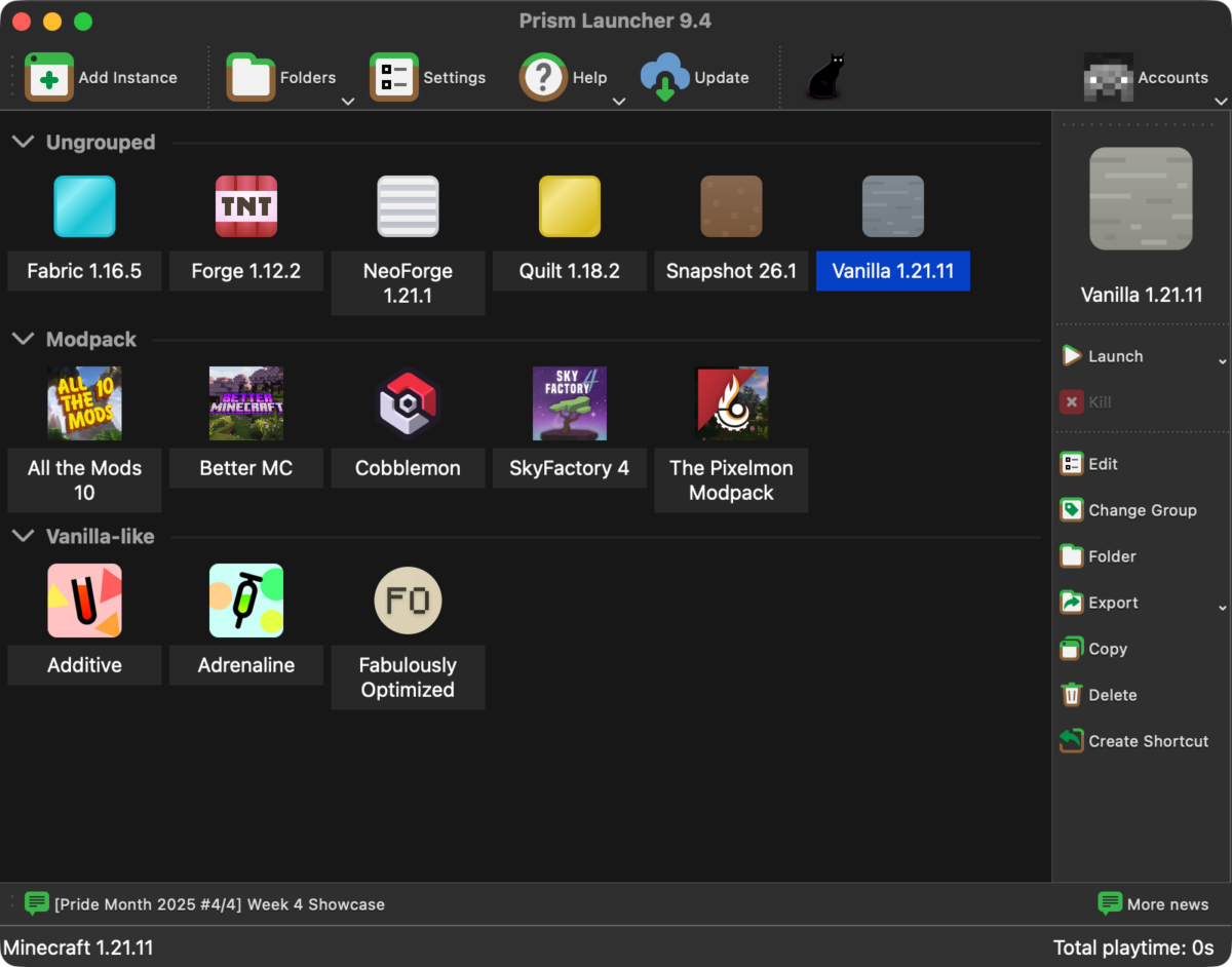 Prism Launcher 9.4 macOS 다크 모드