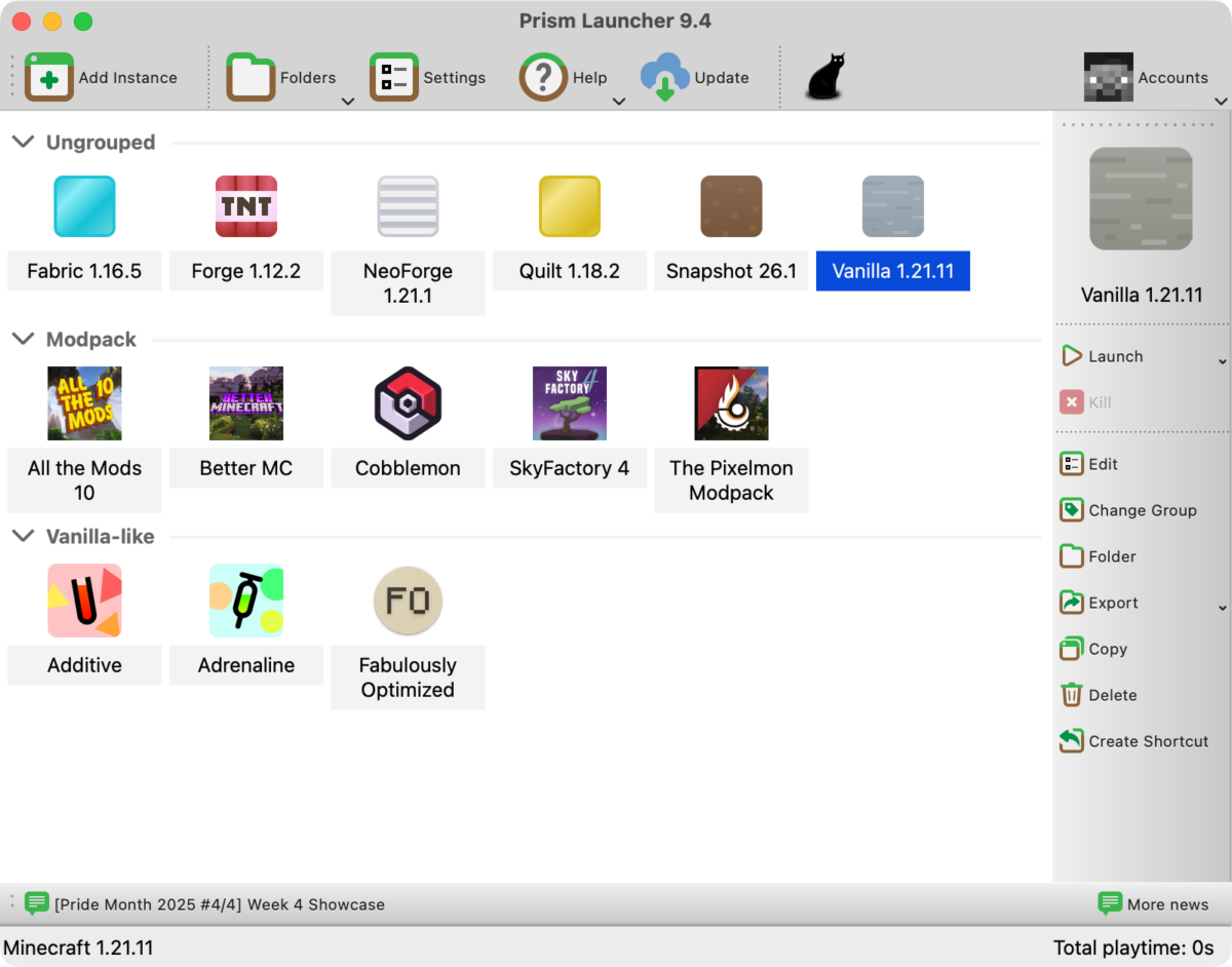 Prism Launcher 9.4 macOS 스타일