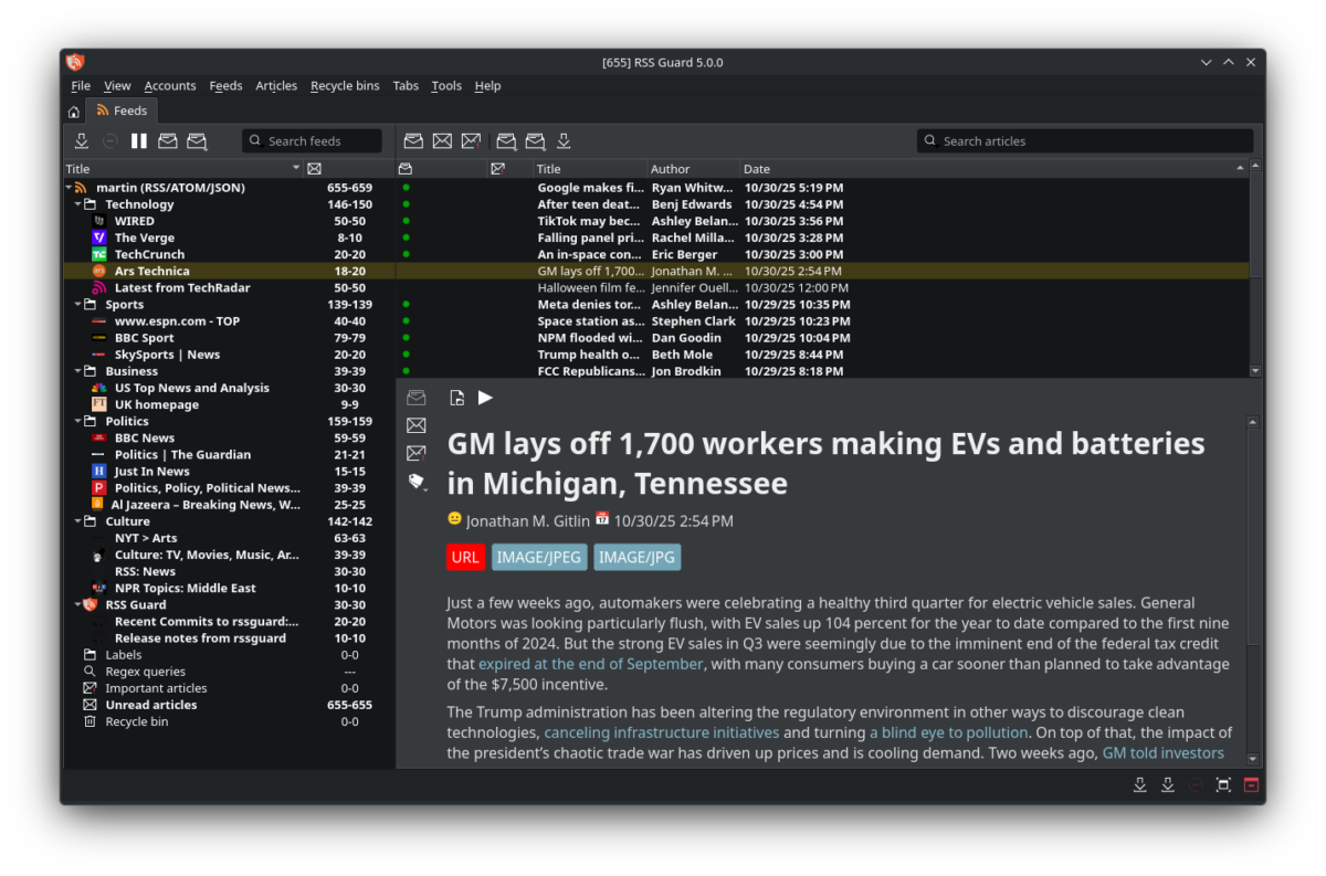 RSS Guard 5.0.0 메인 인터페이스