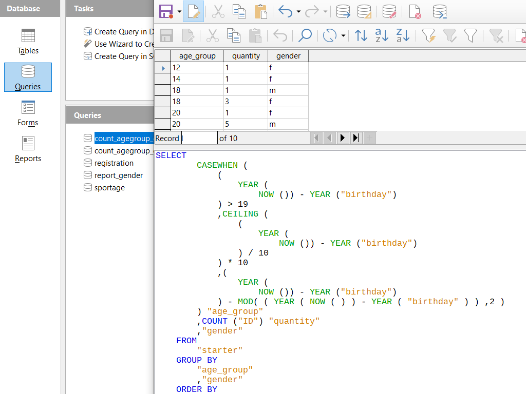 LibreOffice Base 쿼리 편집 화면